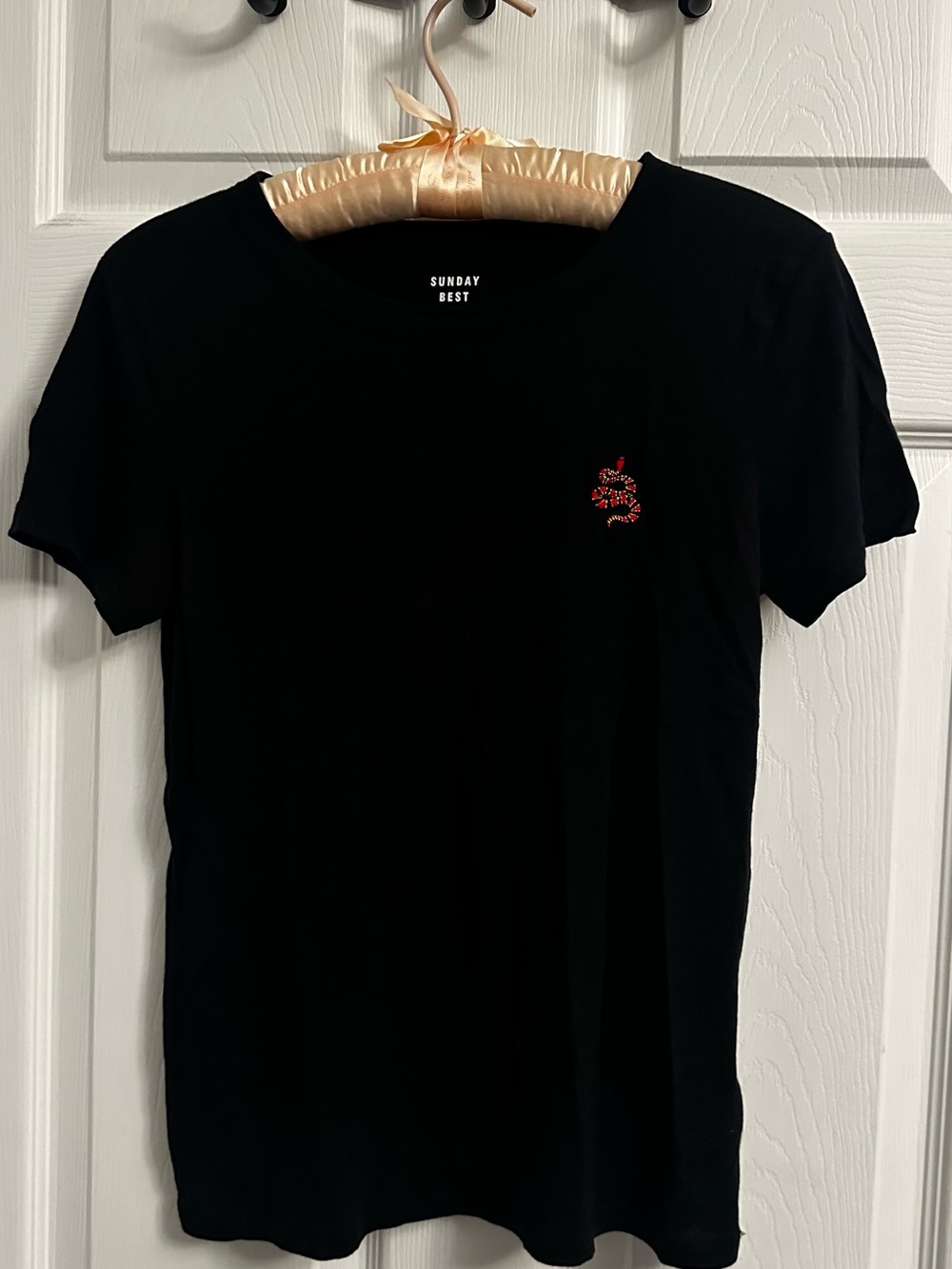Sunday Best Women’s Black Tee with Red Embroidered Snake